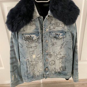 GUESS Ellie Faux Fur Embellished Denim Jacket New
